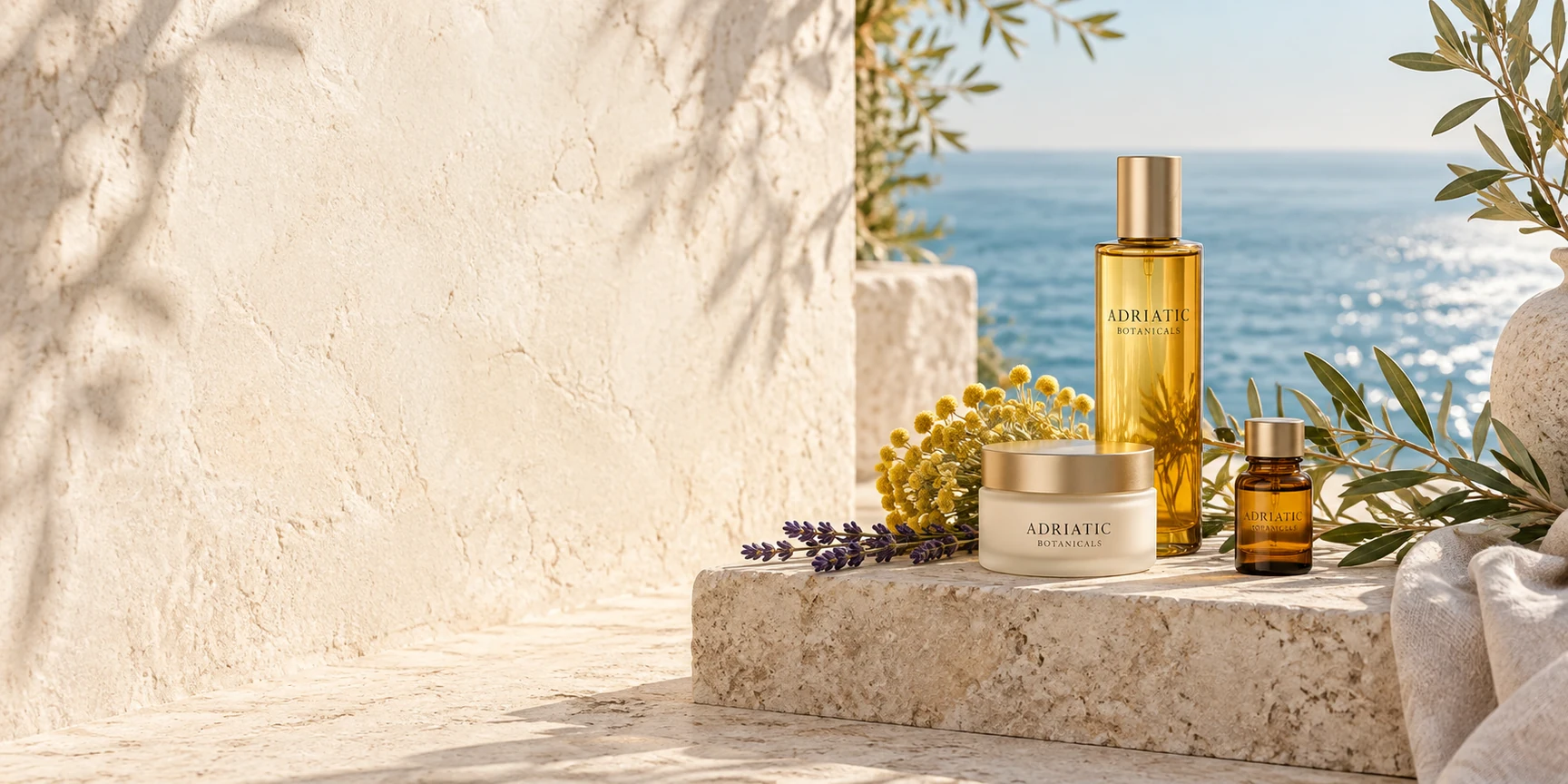 Adriatic Botanicals packaging concept on sunlit stone beside the sea